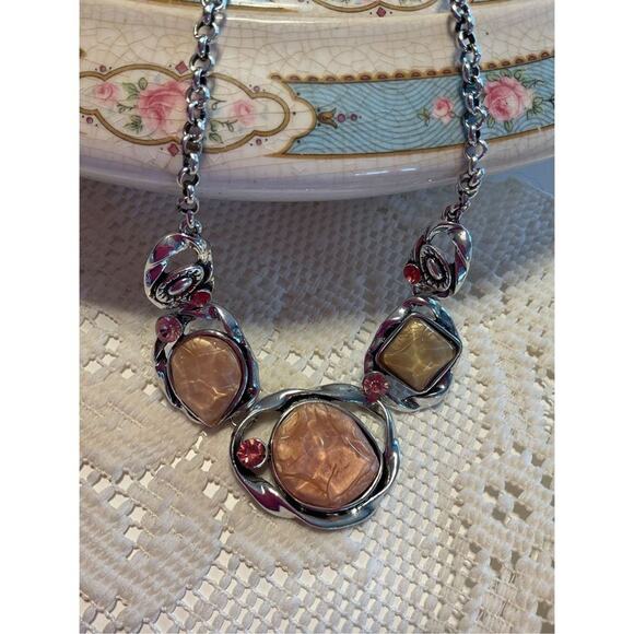 Vintage Silver Multi Colored Gemstones Brutalist Adjustable “H” Maker Mark Neckl - Picture 2 of 11